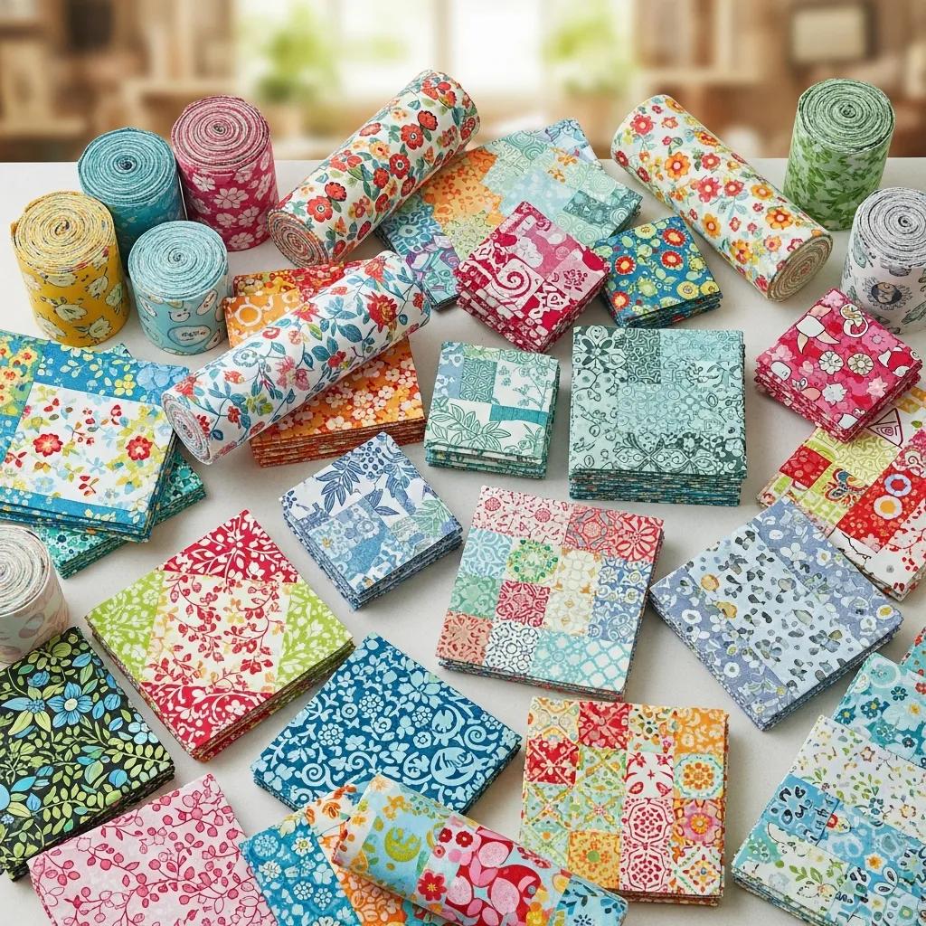 Colorful assortment of precut quilting fabrics highlighting convenience and creativity