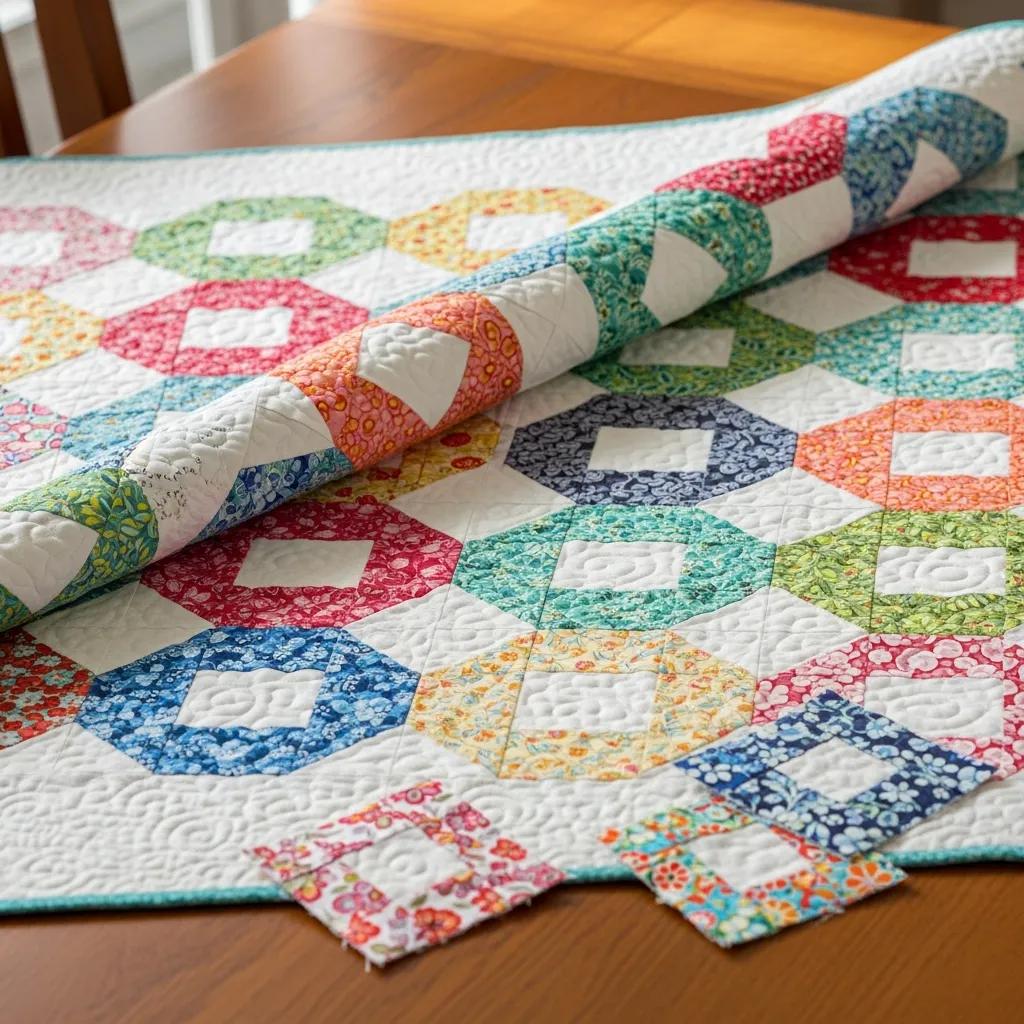 Colorful charm square quilt on a wooden table, showcasing various fabric patterns