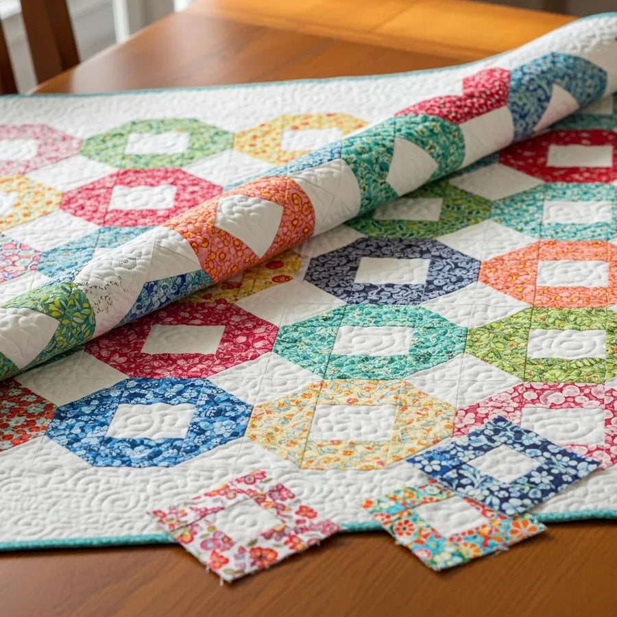 Colorful charm square quilt on a wooden table, showcasing various fabric patterns