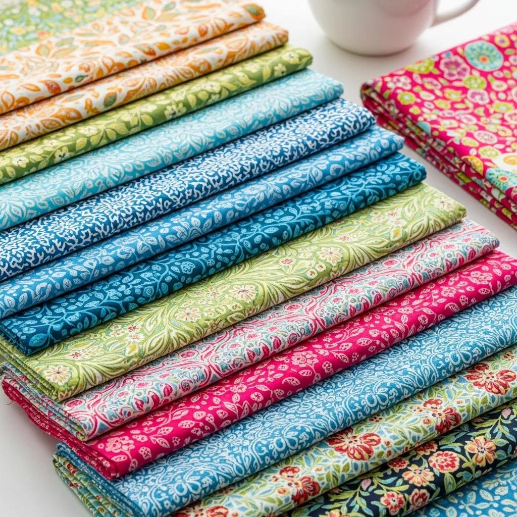 Colorful premium designer cotton fabrics showcasing intricate patterns and textures for quilting