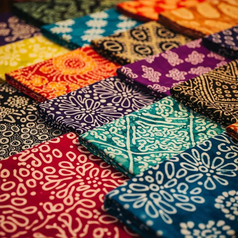 Vibrant batik quilting fabrics with unique hand-dyed patterns and rich colors