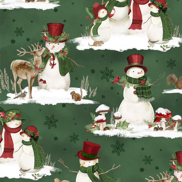 Woodland Snowmen Fabric Collection Scenic Snowman Green