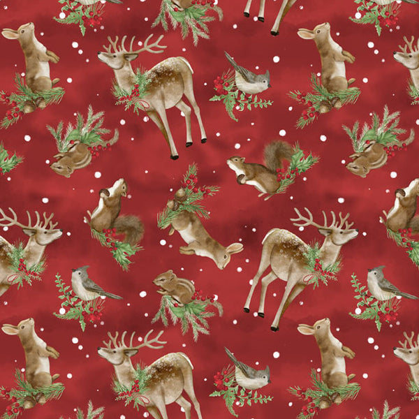 Woodland Snowmen Fabric Collection Critters Toss Red