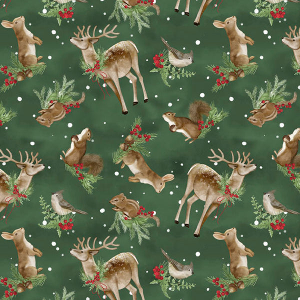 Woodland Snowmen Fabric Collection Critters Toss Green