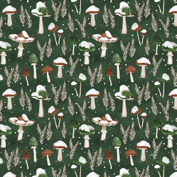 Woodland Snowmen Fabric Collection Mushrooms All Over Green