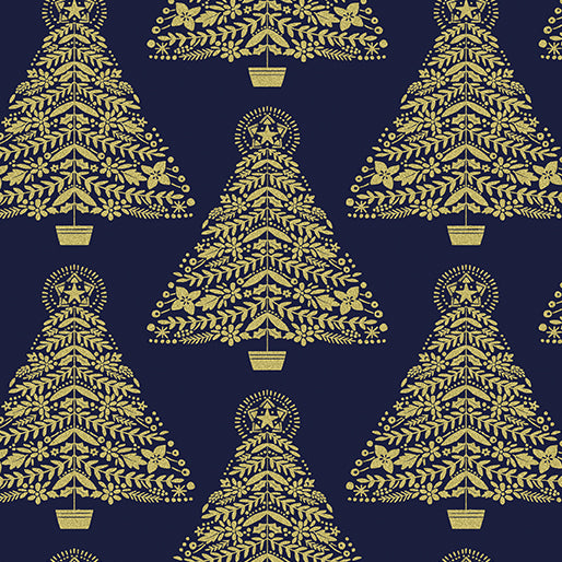 Holiday Sparkle, Festive Trees-Navy Quilting Fabric