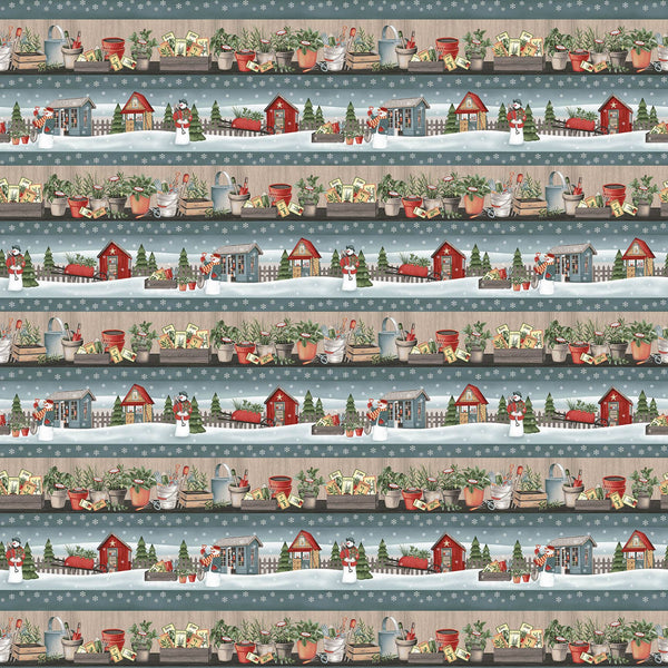 Gardening Snowmen Border Stripe Quilting Fabric