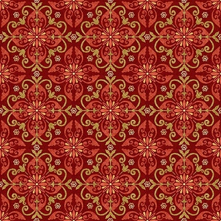 Chicken Shack, Medallion Tiles Red Quilting Fabric