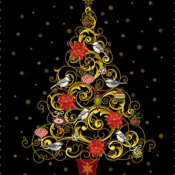 Christmas Joy, Black Tree Quilt Fabric Panel