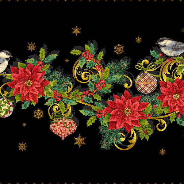 Christmas Joy, Black Table Runner Quilt Panel