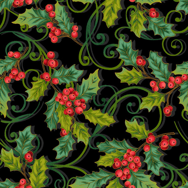 Christmas Joy, Black Poinsettia and Holly Quilting Fabric