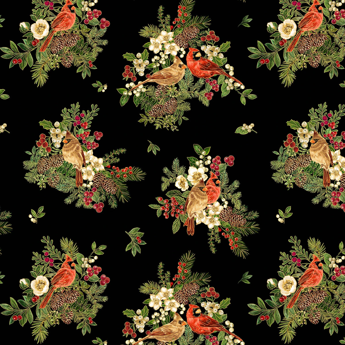 "Cardinal on Floral Metallic Black" - Fabric by the 1/4 yard by Timeless Treasures