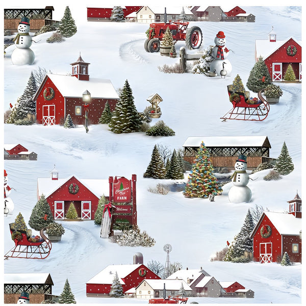 Timeless Treasures Winter Village & Snowman Allover Cotton Fabric | Christmas Farm Scene