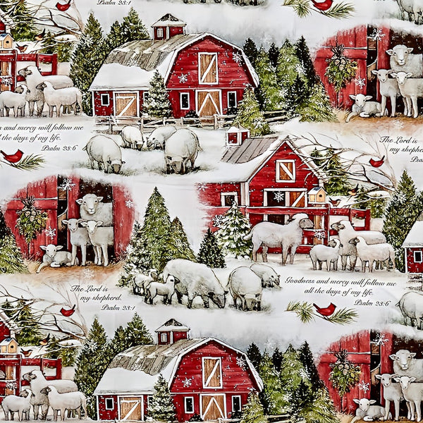 Springs Creative Winter Barn & Sheep Scripture Allover Cotton Fabric