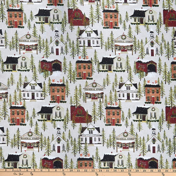 Benartex Winter Village Christmas Allover Cotton Fabric - Houses, Church & General Store