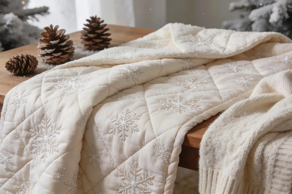 Cozy winter quilt with snowflake patterns on a wooden table surrounded by winter decor, reflecting warmth and creativity.
