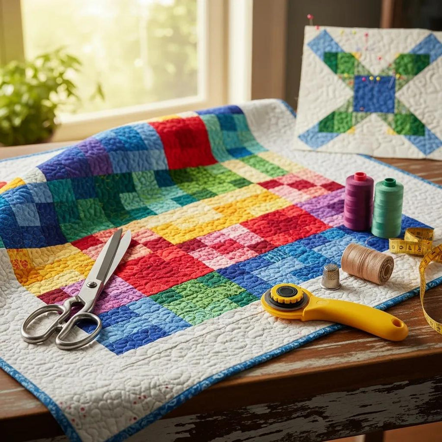 Colorful layer cake quilt displayed in a cozy quilting studio with tools