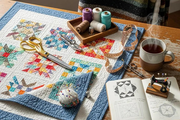 Colorful quilt and sewing tools in a cozy workspace