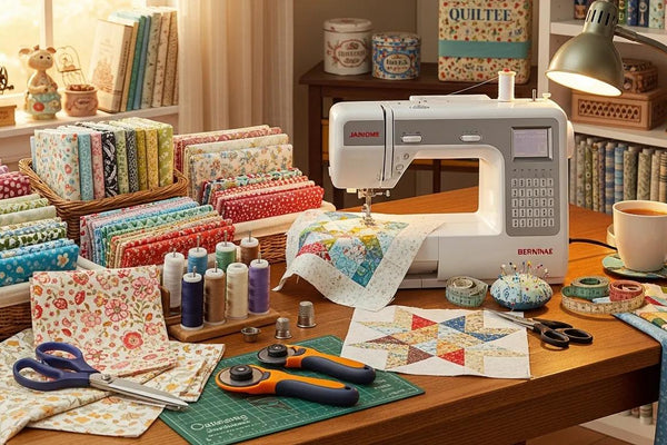 Colorful quilting fabrics and tools in a cozy quilting workspace