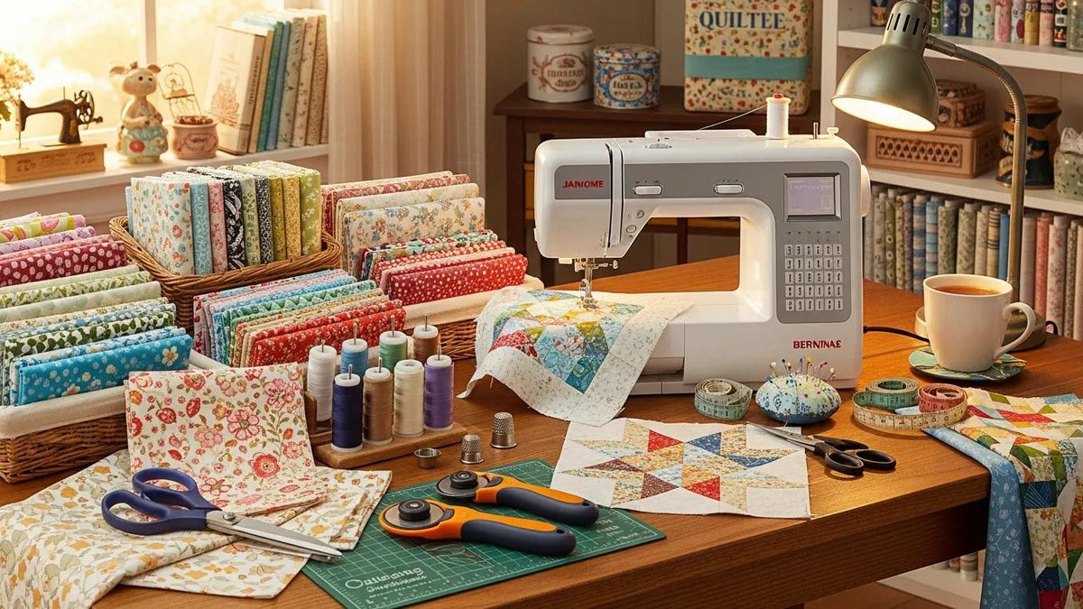 Colorful quilting fabrics and tools in a cozy quilting workspace