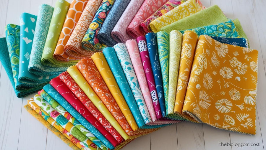 Colorful quilt fabric fat quarters displayed on a table.