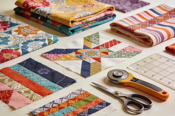 Colorful quilting fabrics and tools illustrating the fussy cutting technique for unique quilt designs