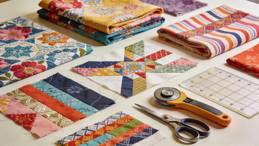 Colorful quilting fabrics and tools illustrating the fussy cutting technique for unique quilt designs
