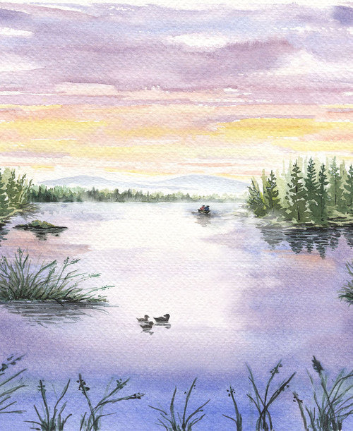Colorful landscape scene of a beach with reeds trees and a sunset
