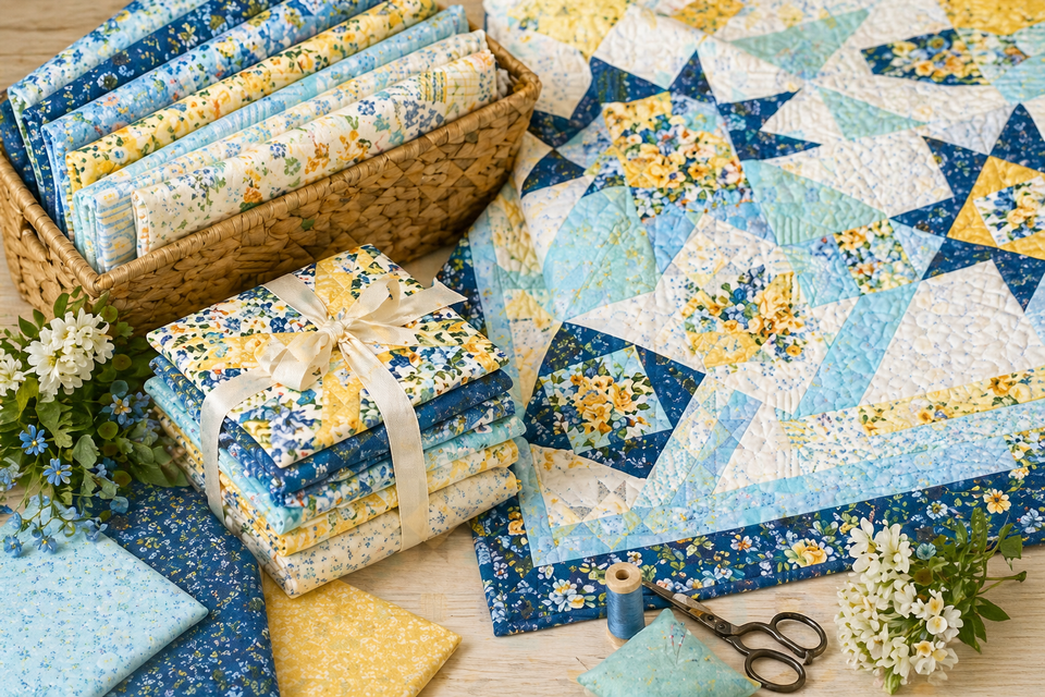 Quilt kits collection banner with coordinated quilting fabrics, completed quilt, and sewing tools in a bright crafting workspace