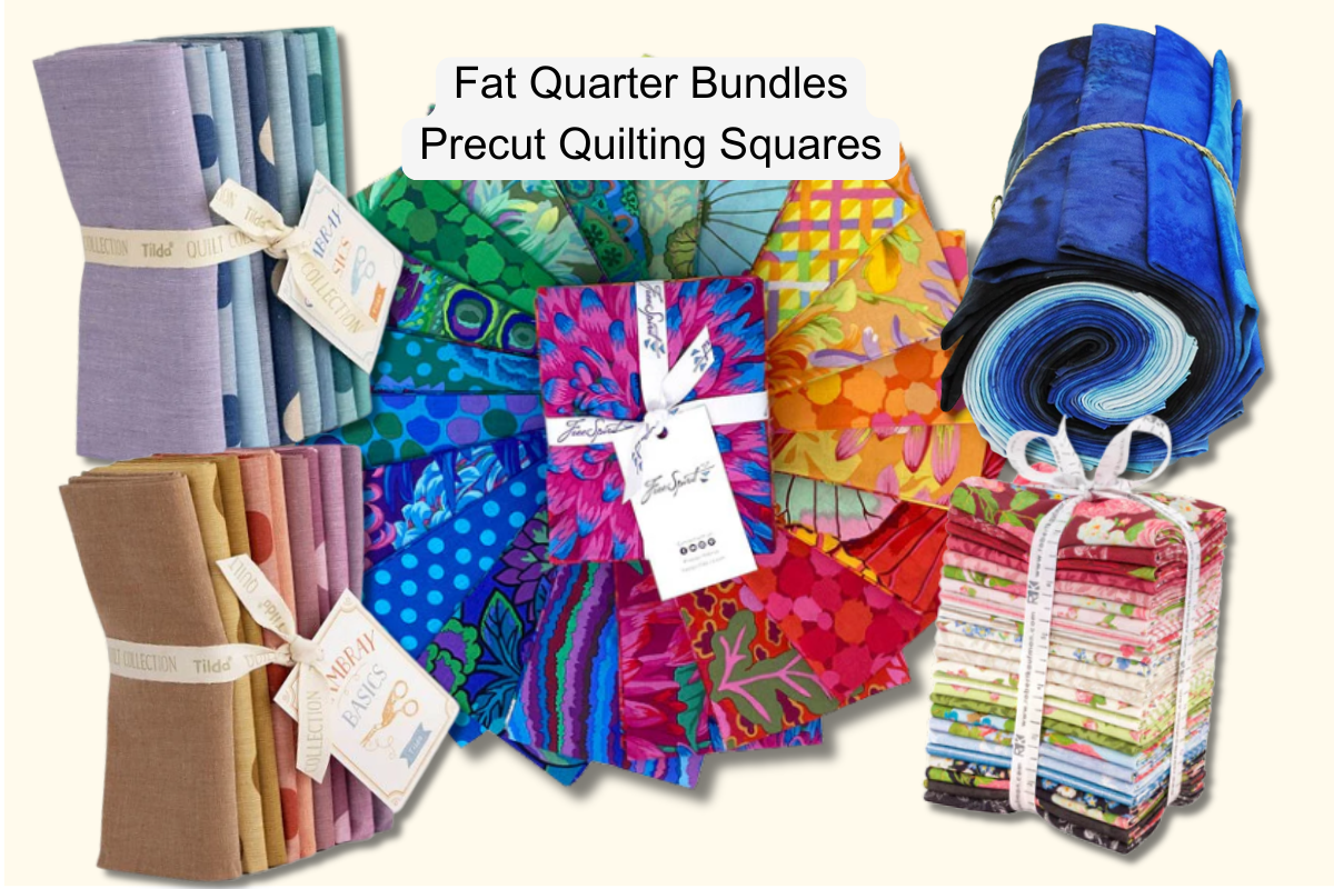fat quarter bundles with coordinated precut quilting fabric in floral, batik, and seasonal collections