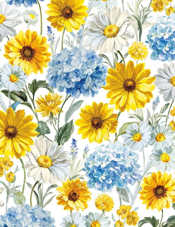 Bees & Blooms, Large Flowers-White Quilting Fabric