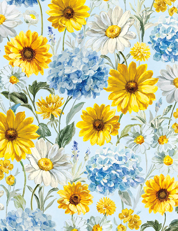 Bees & Blooms, Large Flowers-Blue Quilting Fabric