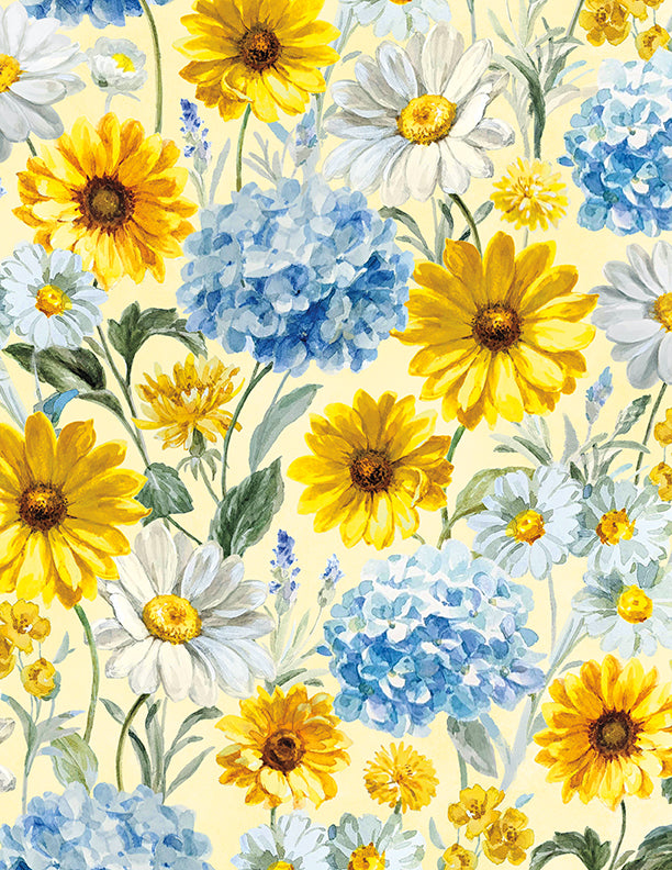 Bees & Blooms, Large Flowers-Yellow Quilting Fabric