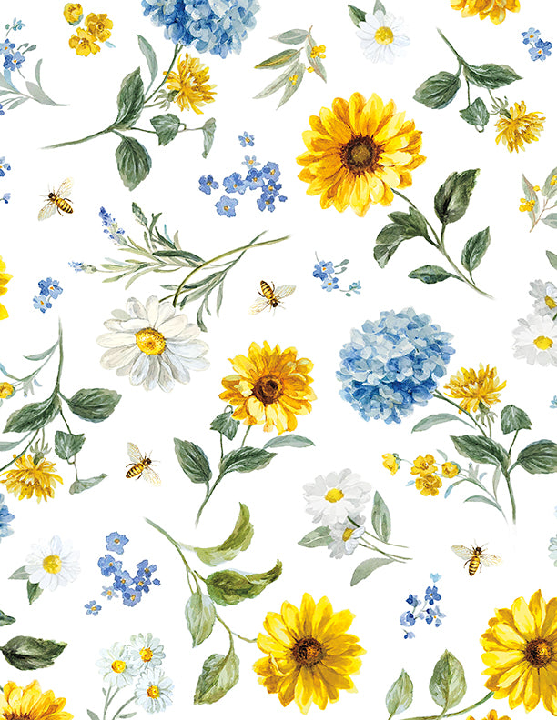 Bees & Blooms, Medium Flowers-White Quilting Fabric