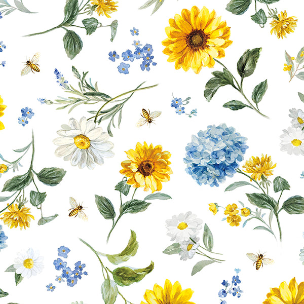 Bees & Blooms, Medium Flowers-White Quilting Fabric