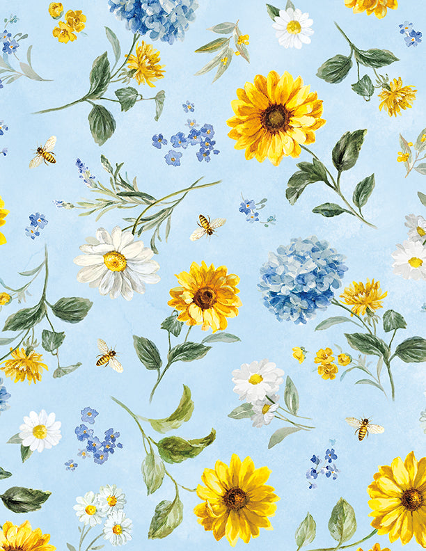 Bees & Blooms, Medium Flowers-Blue Quilting Fabric