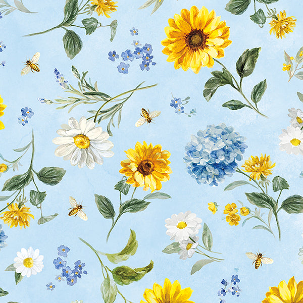 Bees & Blooms, Medium Flowers-Blue Quilting Fabric