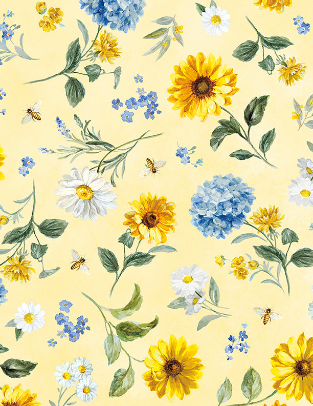 Bees & Blooms, Medium Flowers-Yellow Quilting Fabric