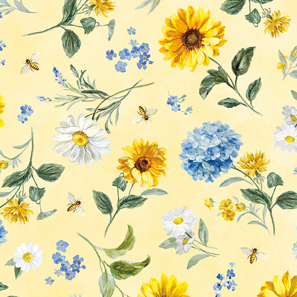 Bees & Blooms, Medium Flowers-Yellow Quilting Fabric