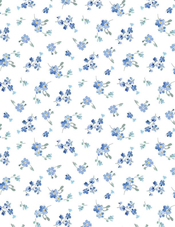 Bees & Blooms, Blue Flowers-White Quilting Fabric