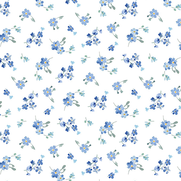 Bees & Blooms, Blue Flowers-White Quilting Fabric