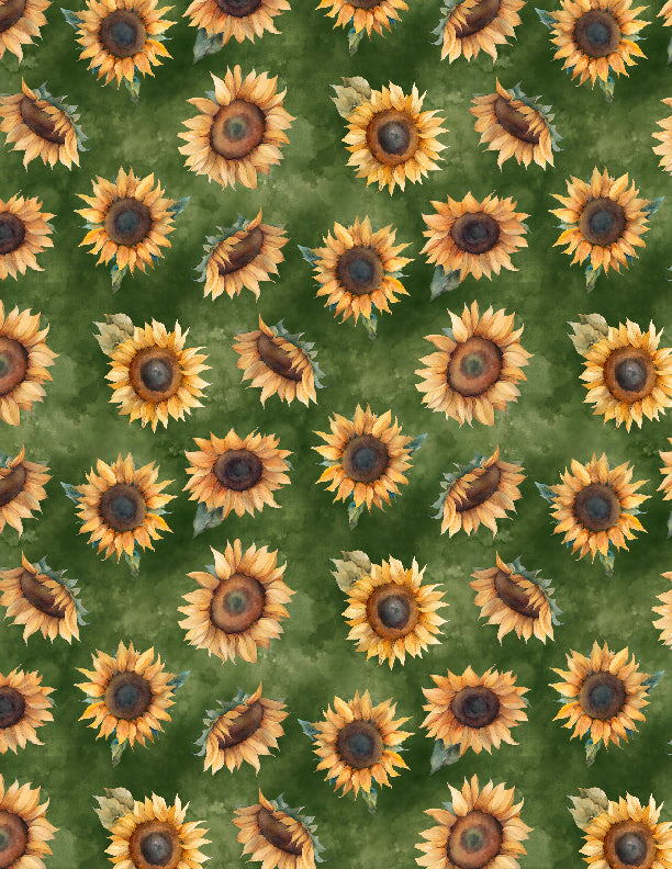 Sunkissed Quilting Fabric Collection - Green & Yellow Tossed Sunflowers by Wilmington Prints