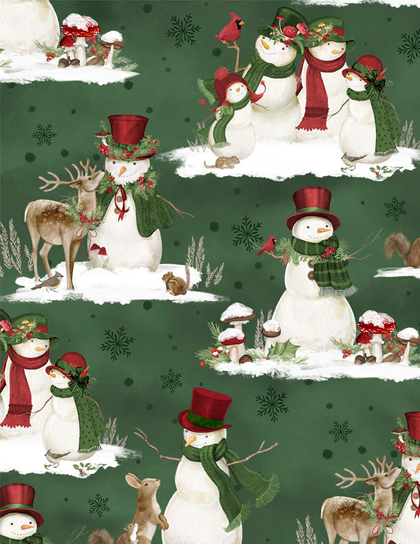 Woodland Snowmen Fabric Collection Scenic Snowman Green