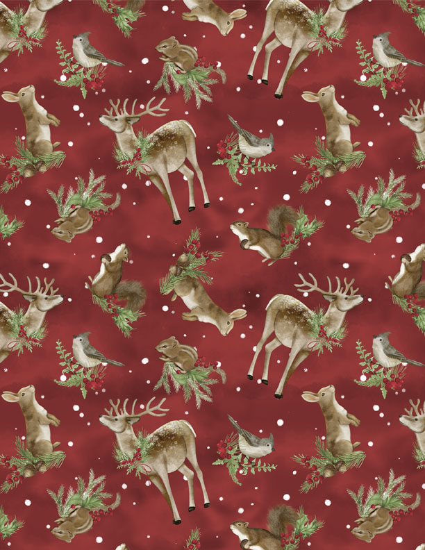 Woodland Snowmen Fabric Collection Critters Toss Red Fabric by the 1/4 Yard by Wilmington Prints