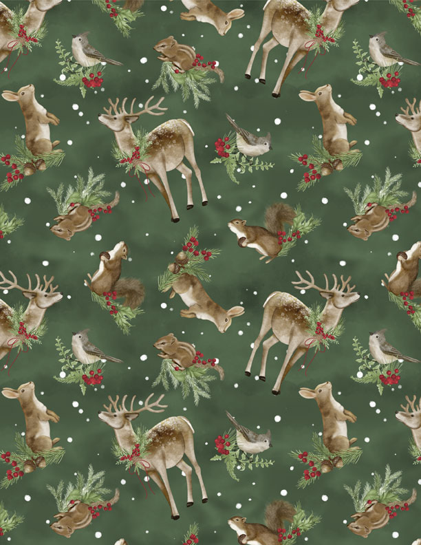 Woodland Snowmen Fabric Collection Critters Toss Green