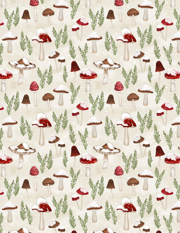 Woodland Snowmen Fabric Collection Mushrooms All over Cream Fabric by the 1/4 Yard by Wilmington Prints