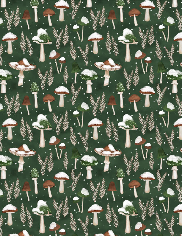 Woodland Snowmen Fabric Collection Mushrooms All Over Green