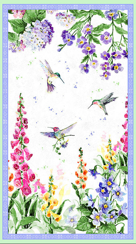 Floral Flutter hummingbird and floral fabric panel by Wilmington Prints