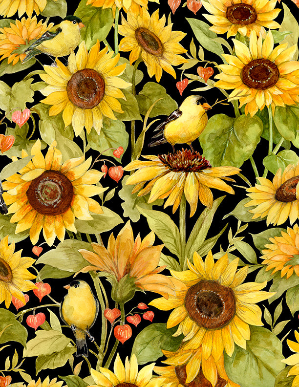 Sunflower Splendor, Sunflowers & Birds-Black Quilting Fabric