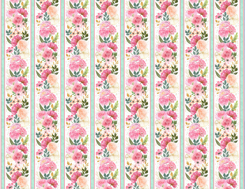 Peony Blossoms Border Stripe Quilting Fabric – Floral Rose Stripe Border by the 1/4 Yard